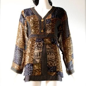 1980's India Boho Tie Back Blouse with Bone Button